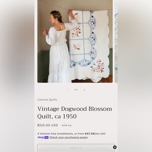 Vintage Organic Cotton Dogwood Blossom Floral Quilt - Cream and Blue Queen